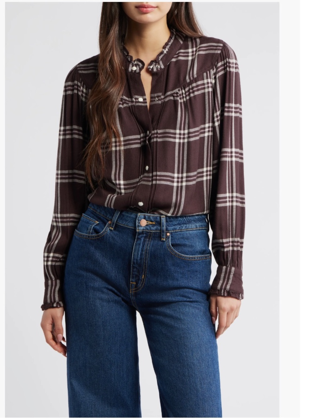 RAILS Alanna Ruffle Plaid Snap-Up
Shirt Brown Plaid Button-Down Top L chocolate